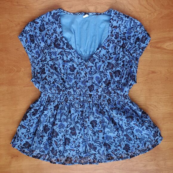 Old Navy Waist Defined Printed Dolman Sleeve Top Size M Blue Floral Ruched - Picture 5 of 10